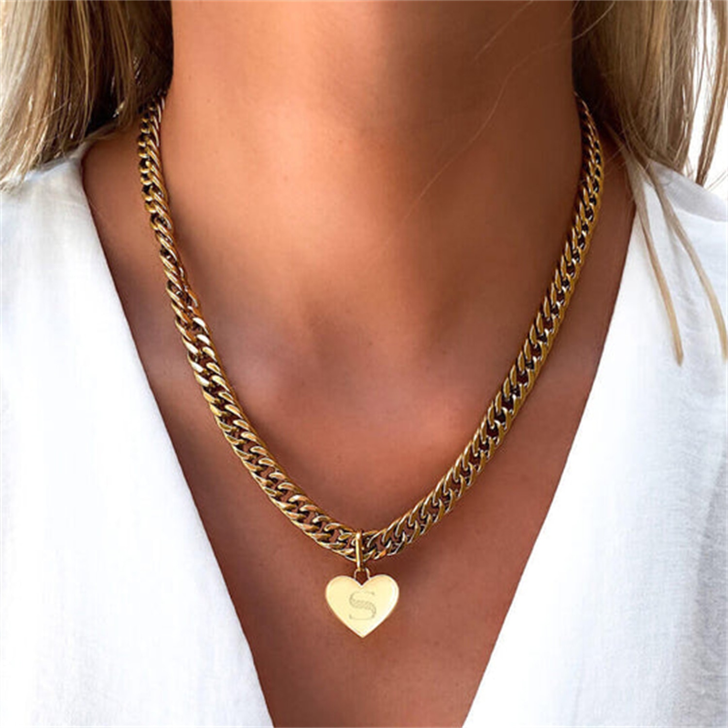 Custom Heart Curb Chain Necklace Personalized Engraving Name Pendant Stainless Steel Gold Chocker Jewellery Gift For Women Girls