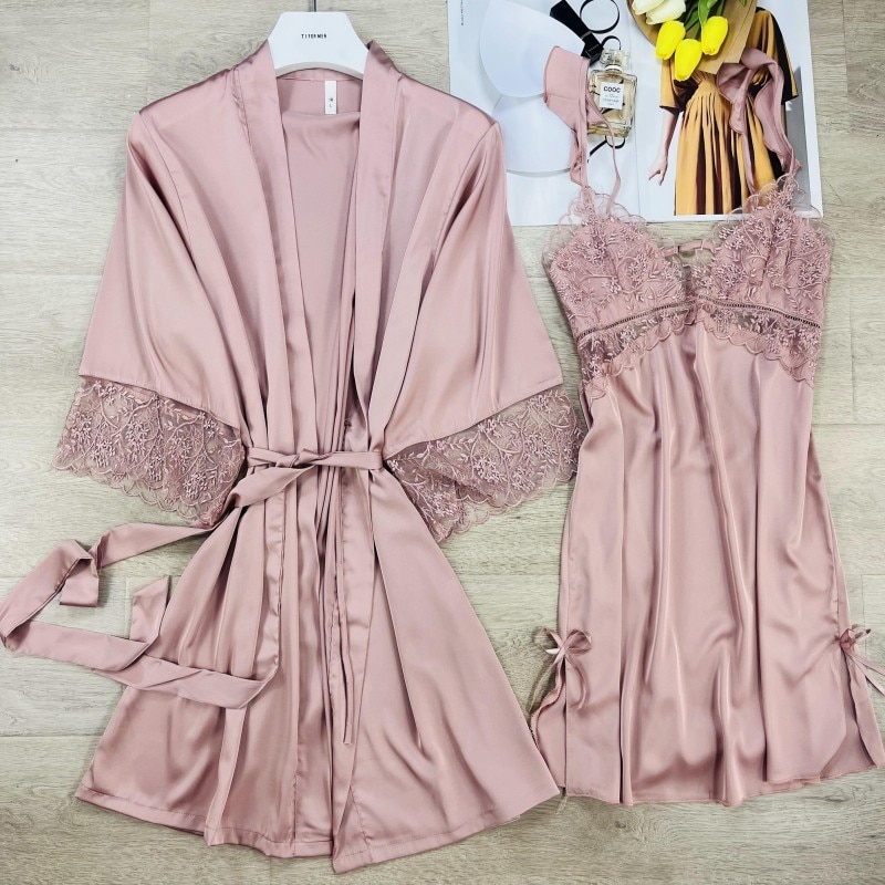 Female Twinset Robe Suit Bathrobe Spaghetti Strap Nightgown Set Sexy V-Neck Sleepwear Lace Patchwork Loungewear Nightdress