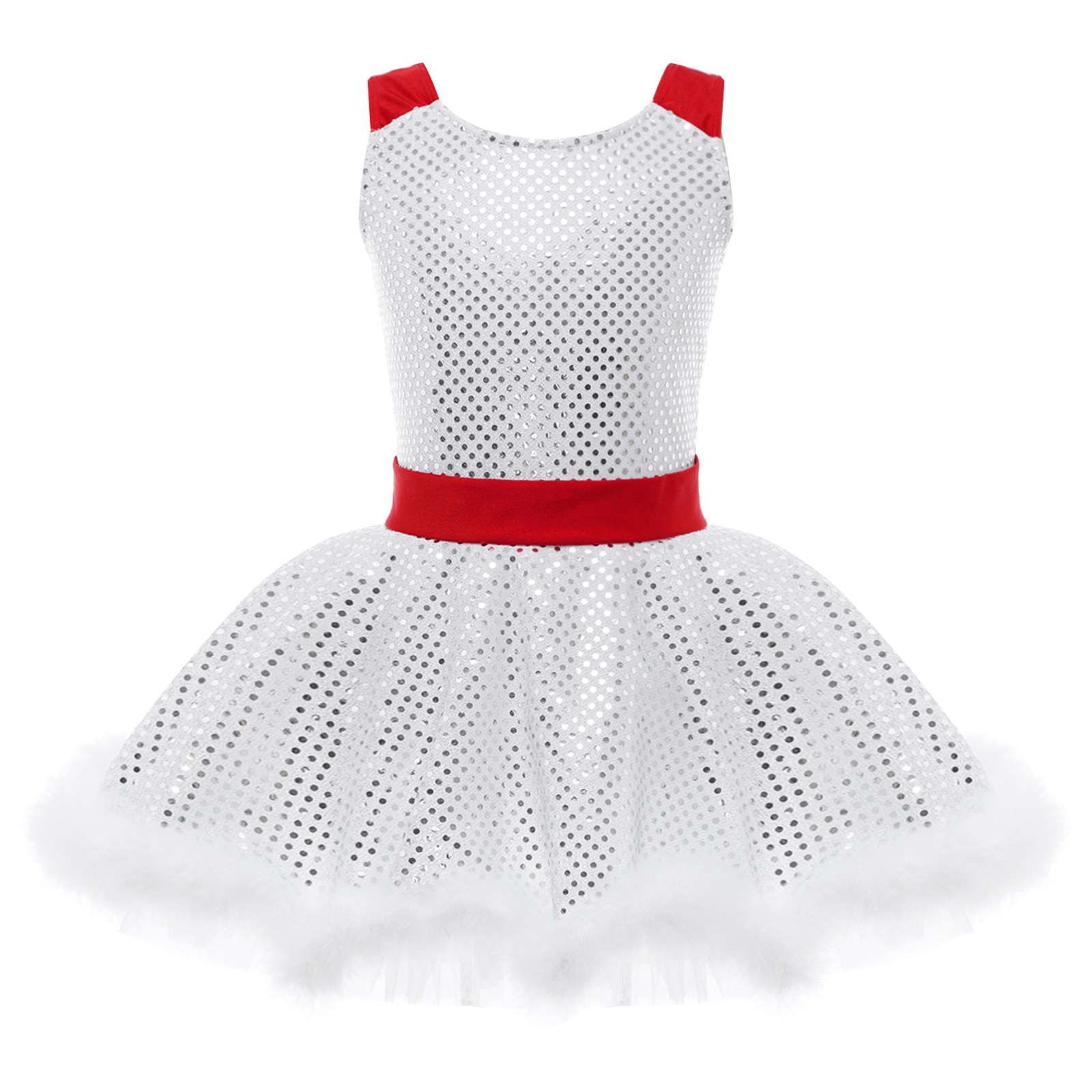 Kids Girls Sequins Faux Fur Christmas Party Costume Xmas Ballet Tutu Dress Figure Skating Dance Leotard Performance Dancewear