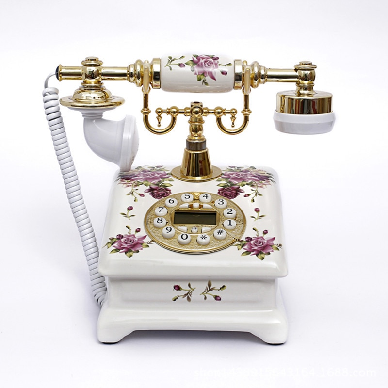 Caller ID Antique Telephone, Button Dial Fixed Vintage Telephone Ceramic Retro Landline Telephone Corded with Hanging Headset