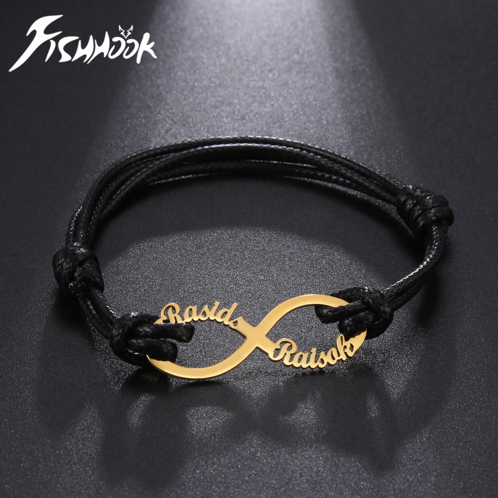 Fishhook Infinity Custom Personalized Bracelet Name Bangle Rope Leather Adjustable Gift For Man Women Stainless Steel Jewelry