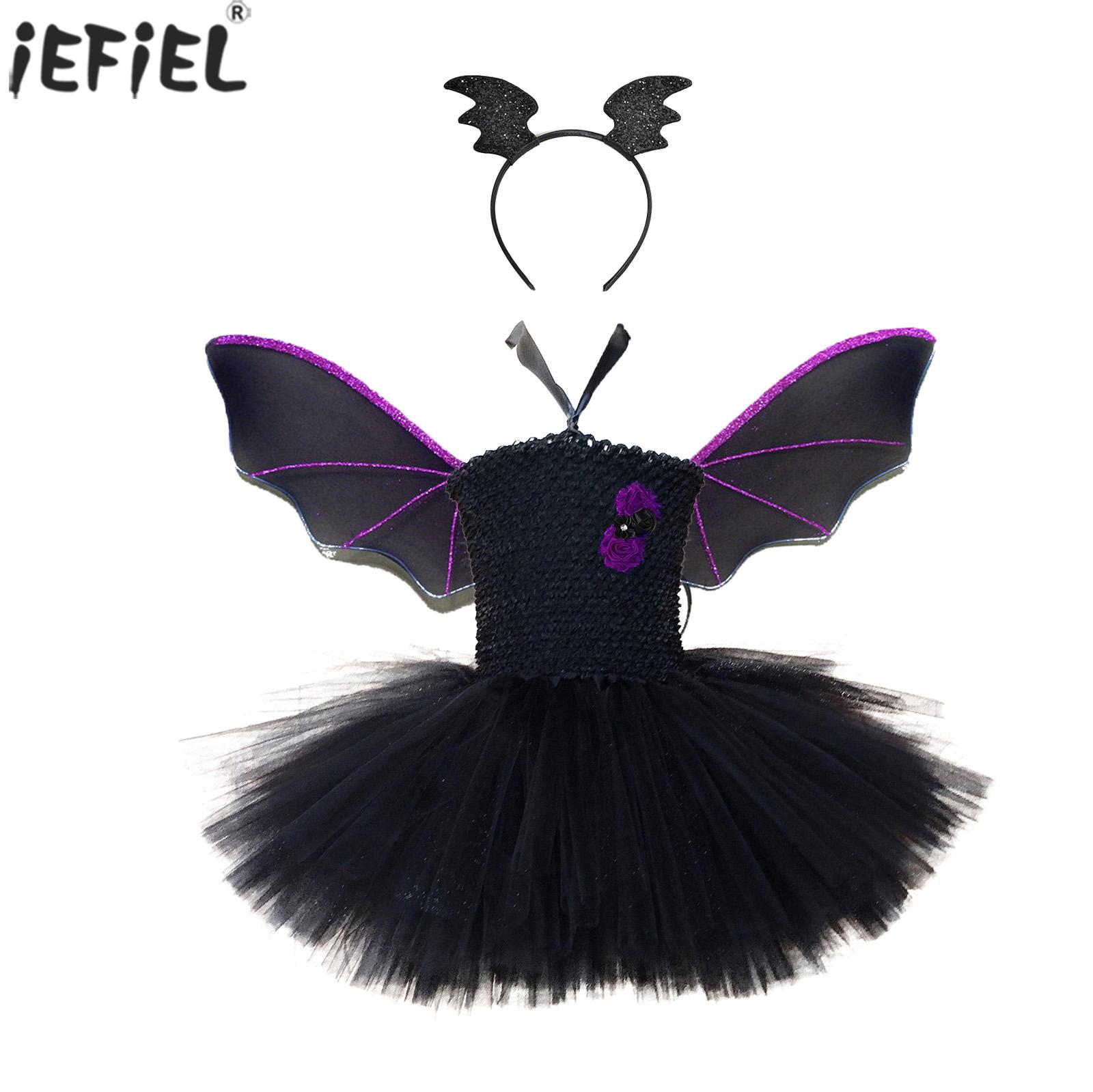 Girls Halloween Bat Costumes Masquerade Carnival Party Kids Purple Vampire Dress Up Bat Wings Children Black Devil Cosplay Dress