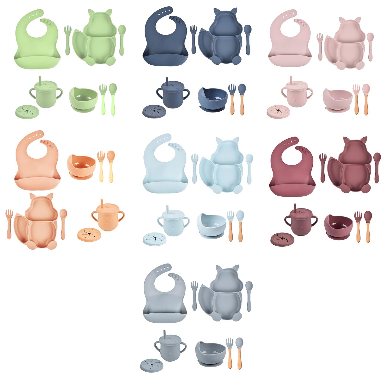 Silicone Suction Bowl Feeding Bib with Straw Cup Fork Spoon Set Divided Baby Dish Non Slip Baby Feeding Set Friendly