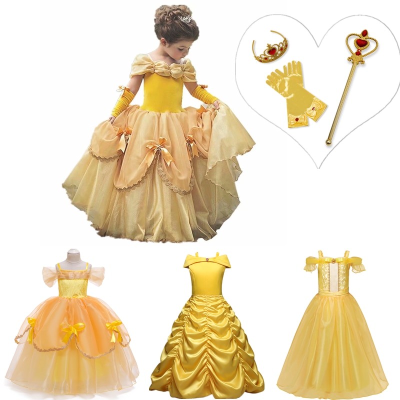 Princess Belle Dress for Girl Kids Floral Ball Gown Child Cosplay Bella Beauty and The Beast Costume Fancy Party