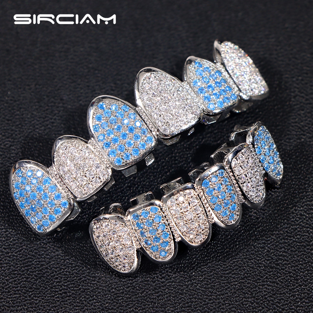 Iced Out Bling Full Zircon Blue Teeth Grillz Caps For Unisex Cubic Zircon Micro Pave Top&Bottom Grills Set Party Hip Hop Jew