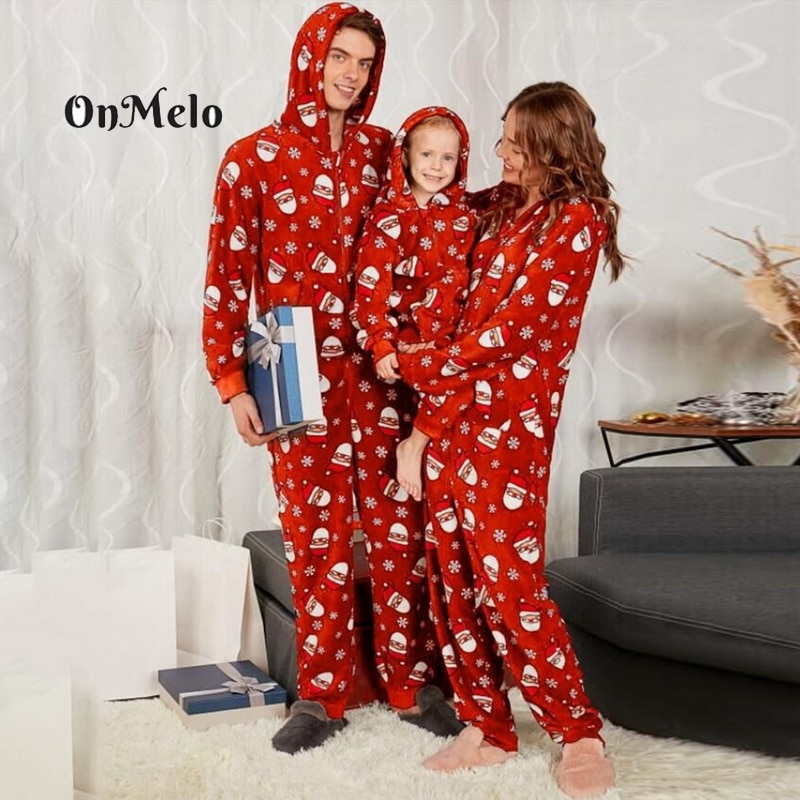 OnMelo Family Matching Christmas Pajamas Romper Jumpsuit Women Men Baby Kids Red Print Xmas Nightwear Hooded Zipper Outfits
