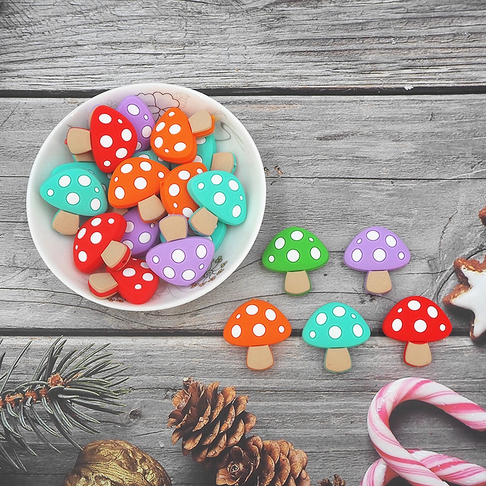 Chenkai 50pcs Cartoon Silicone Beads Mushroom Shape Beads BPA Free Infant Chewable Dummy Necklace Pacifier Toy Gift Accessories