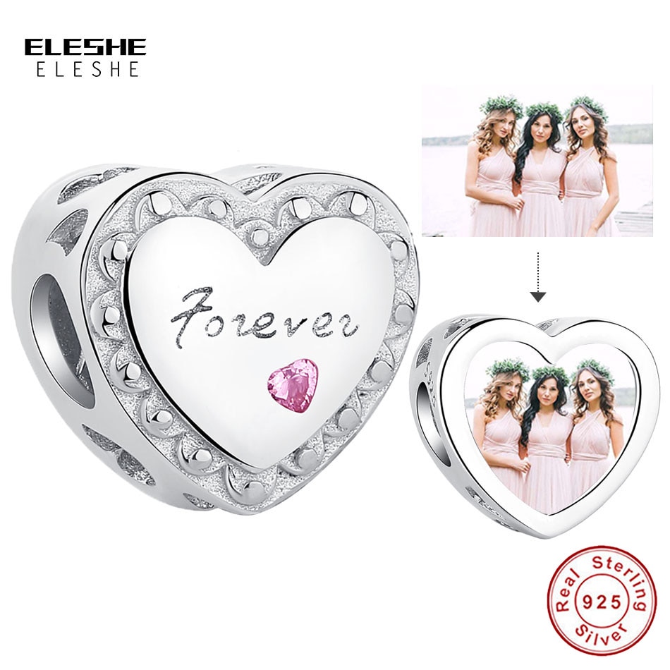 ELESHE Custom Photo Charm 925 Sterling Silver Forever Love Heart Beads Fit Original Bracelets DIY Jewelry Fashion Gifts