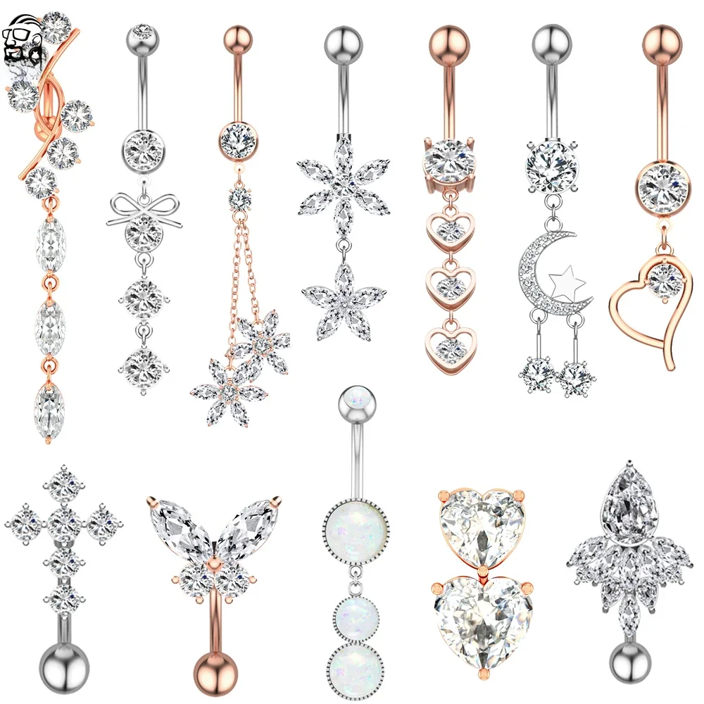 Dangled Inverted Rod Zircon Belly Button Rings Flower Heart Surgical Steel Piercing Nombril Sexy