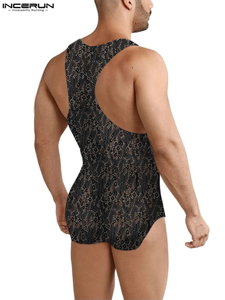 Comfortable Loungewear Men Thin Jumpsuits Sexy Casual Style Male All-match Lace Printing Sleeveless Bodysuit S-5XL INCERUN 2022