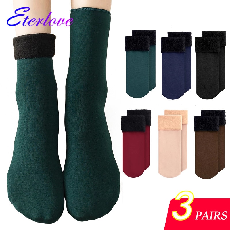 3Pairs/Lot Women Winter Warm Thicken Thermal Socks Velvet Soft Solid Color Black Wool Cashmere Home Snow Boots Sleeping Socks