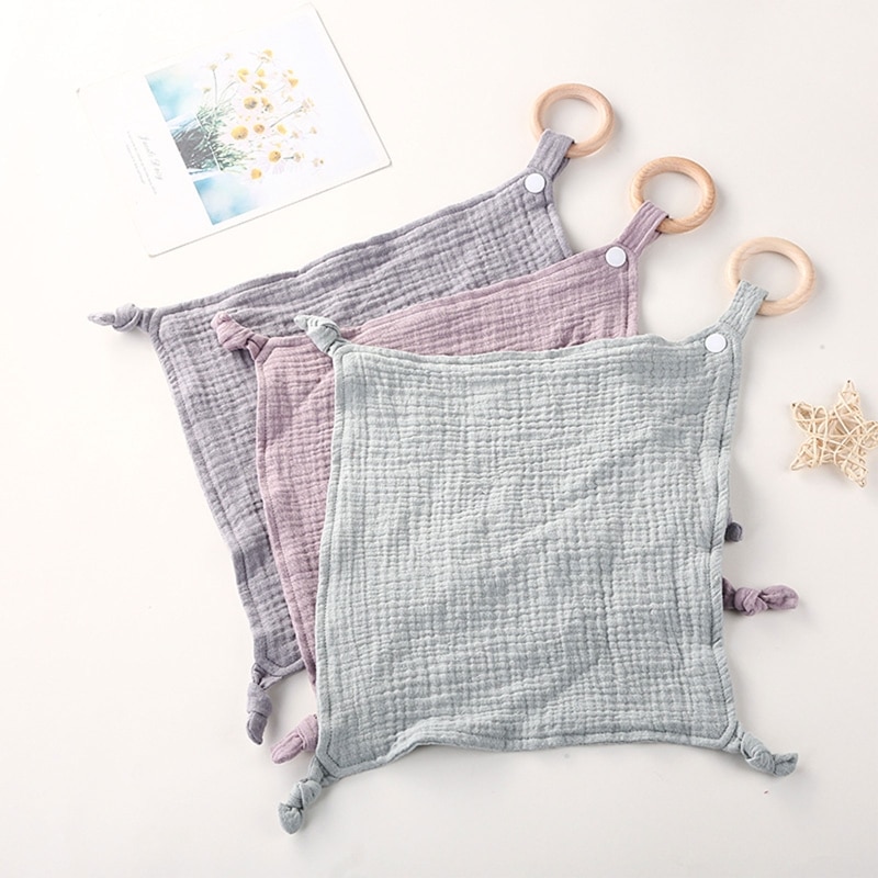 Soft Newborn Muslin Double Cotton Comforter Towel Baby Soothe Appease Towel Burp Cloth with Wood Teether Ring Snap Button