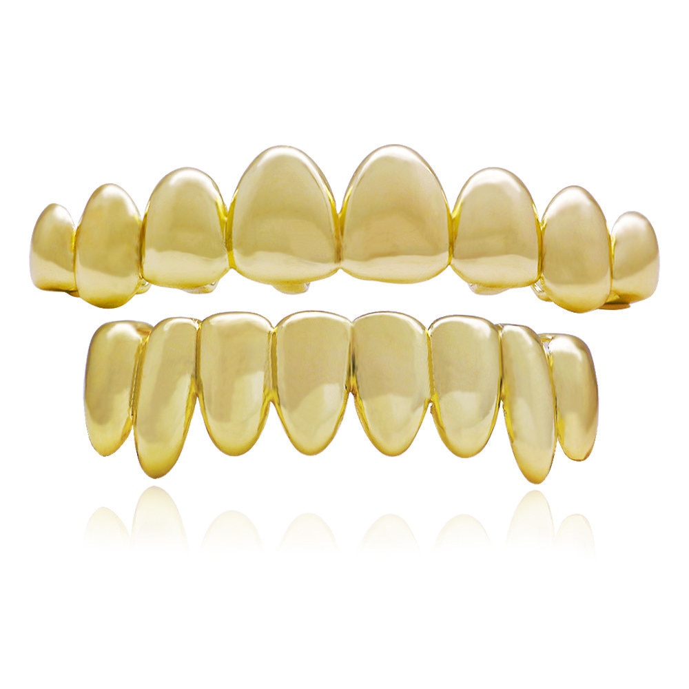 New Punk Gold Teeth Grills for Men and Women 8 Teeth Top Bottom Vampire Fangs Grillz Hip Hop Rapper Body Jewelry