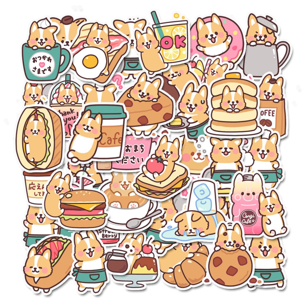 20/40pcs Corgi and Food Sticker Pack - Small Self Adhesive Decals for Scrapbook, Phone Case, Random Delivery & Not Repeated