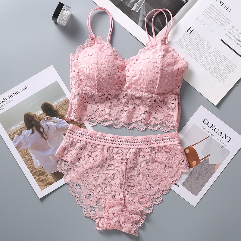 Women Lace Bra Set Sexy Lingerie Set French Bralette Lace Panties Cropped Bra Pantys Set Female Intimates Seamless Underwear Set
