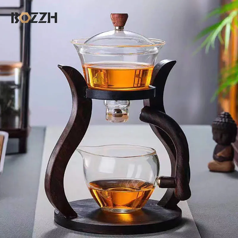 BOZZH Heat-Resistant Glass Tea Set Magnetic Water Diversion Rotating Cover Bowl Automatic Tea Maker