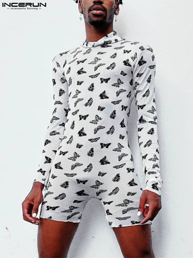 Sexy Casual Style Homewear Bodysuits INCERUN 2022 New Men Butterfly Printing Rompers Fashionable Male Long Sleeve Jumpsuit S-5XL