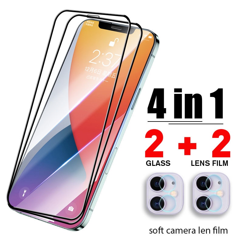 4in1 Full Cover Protective Glass For iPhone 11 12 Pro Max XS XR 12 Mini Camera Screen Protector Glass For iPhone 7 8 Plus SE