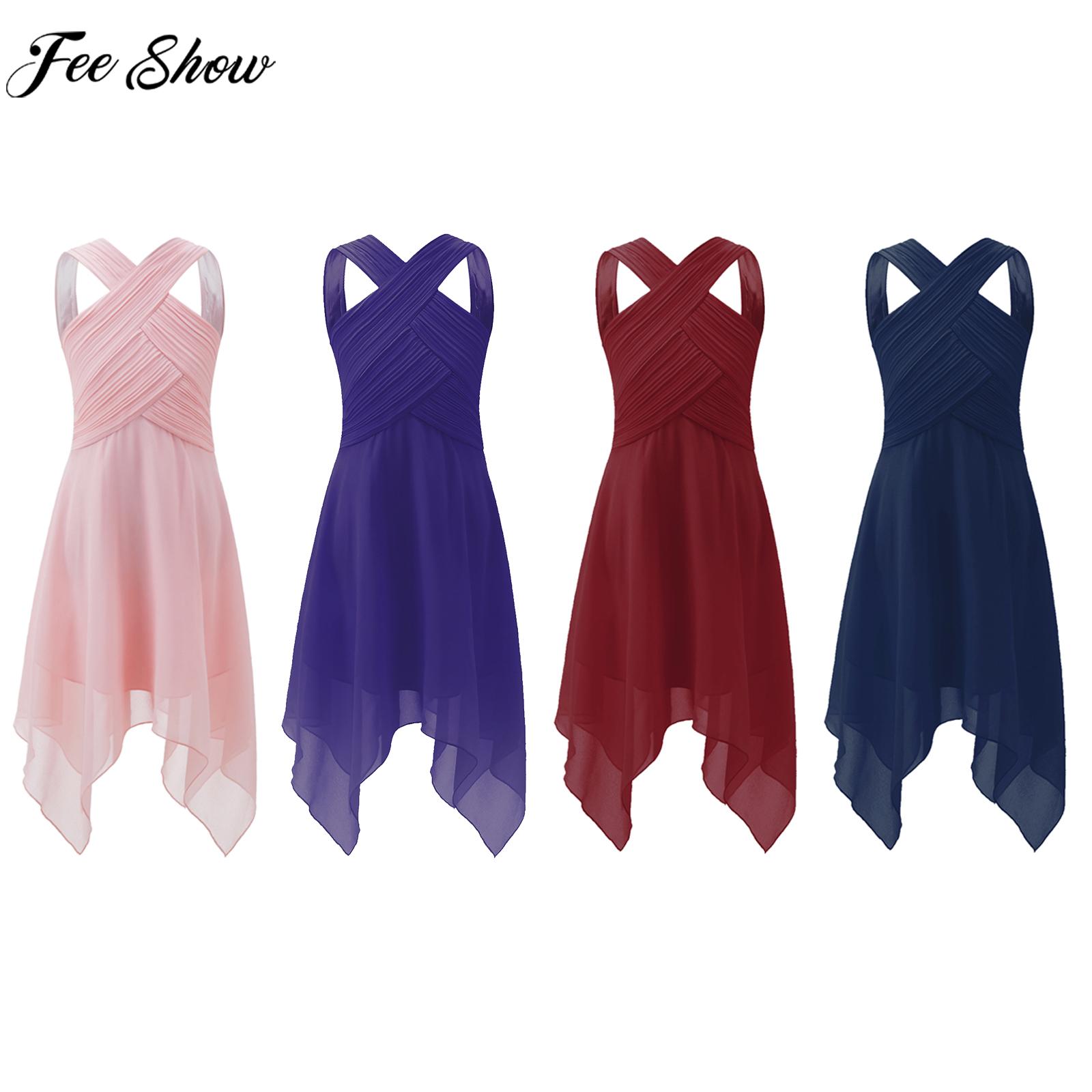 Teens Girls Elegant Wedding Birthday Party Dress Sleeveless Ruched Bodice Asymmetrical Hem Chiffon Prom Evening Princess Dresses