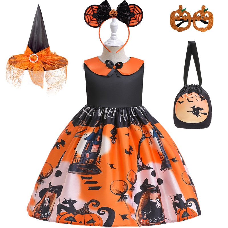 2-10 Years Halloween Girls Skull Pumpkin Print Witch Masquerade Party Ceremony Dress Kids Night Before Christmas Clothing Set