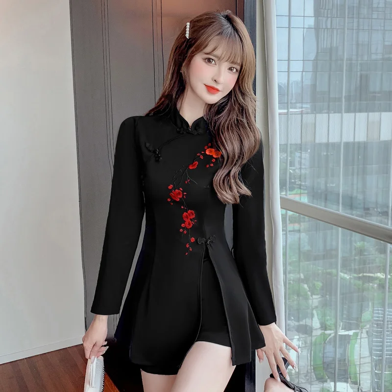 Embroidery Retro Buckle Slim Slit Cheongsam Top + Elastic Waist Shorts Pant Women Chinese Style