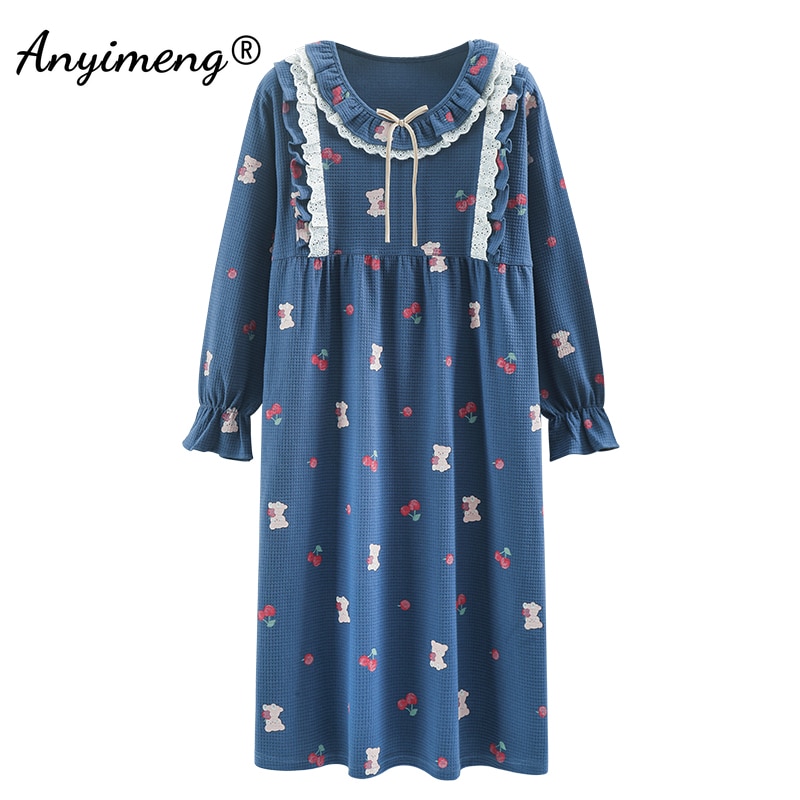 Autumn M-4XL Princess Style Cotton Long Dressing Fashion Ruffle Sleeves Womens Nightdress Kawaii Strawberry Bear Lady Nightgowns