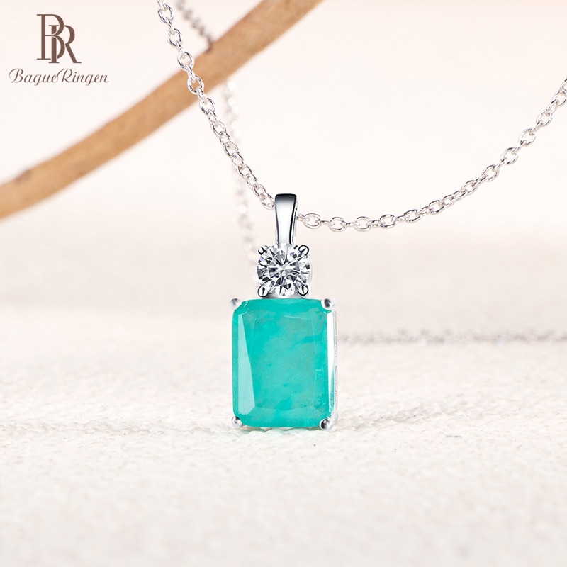 Bague Ringen Elegant 925 Sterling Silver Jewelry 8*10mm Rectangle Paraiba Pendant Necklaces Simple Wedding Anniversary Gifts