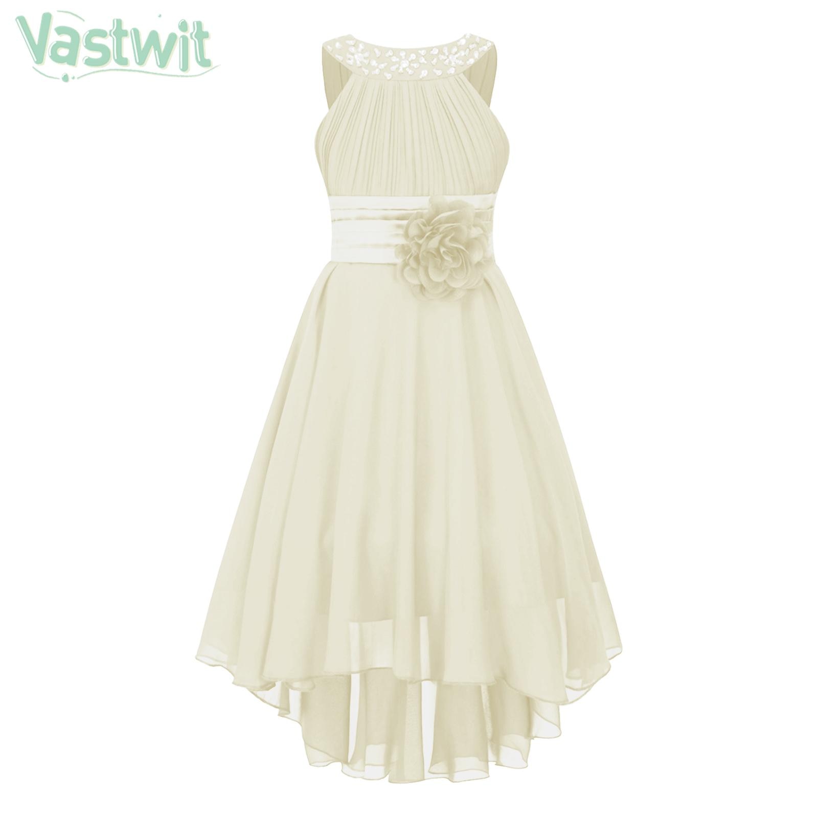 Children Girls Sleeveless Party Dress Ruched Shiny Beaded Hi-low Hem Flower Chiffon Princess Dress for Wedding Birthday Evening