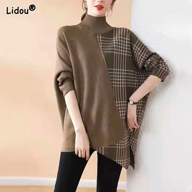 Casual Patchwork Turtleneck Sweaters Thick Loose-fitting Fashion Trends Women's Clothing Autumn
