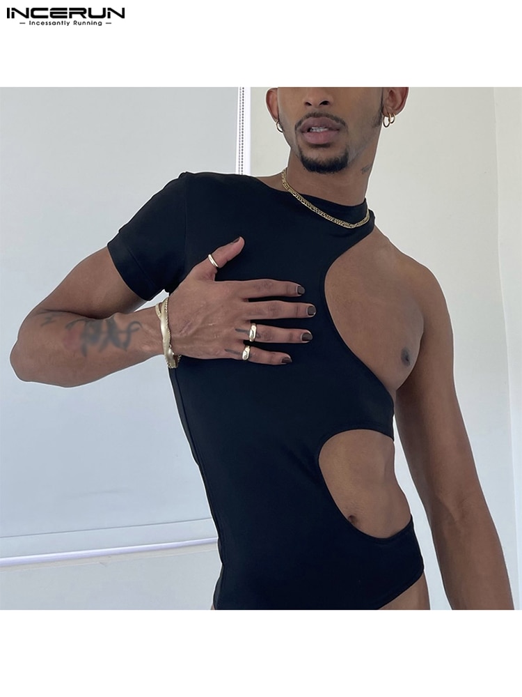 Fashion Men Irregular Bodysuits Pajamas O-neck Solid Sexy Short Sleeve Rompers Underwear Hollow Out 2021 Bodysuit INCERUN S-5XL