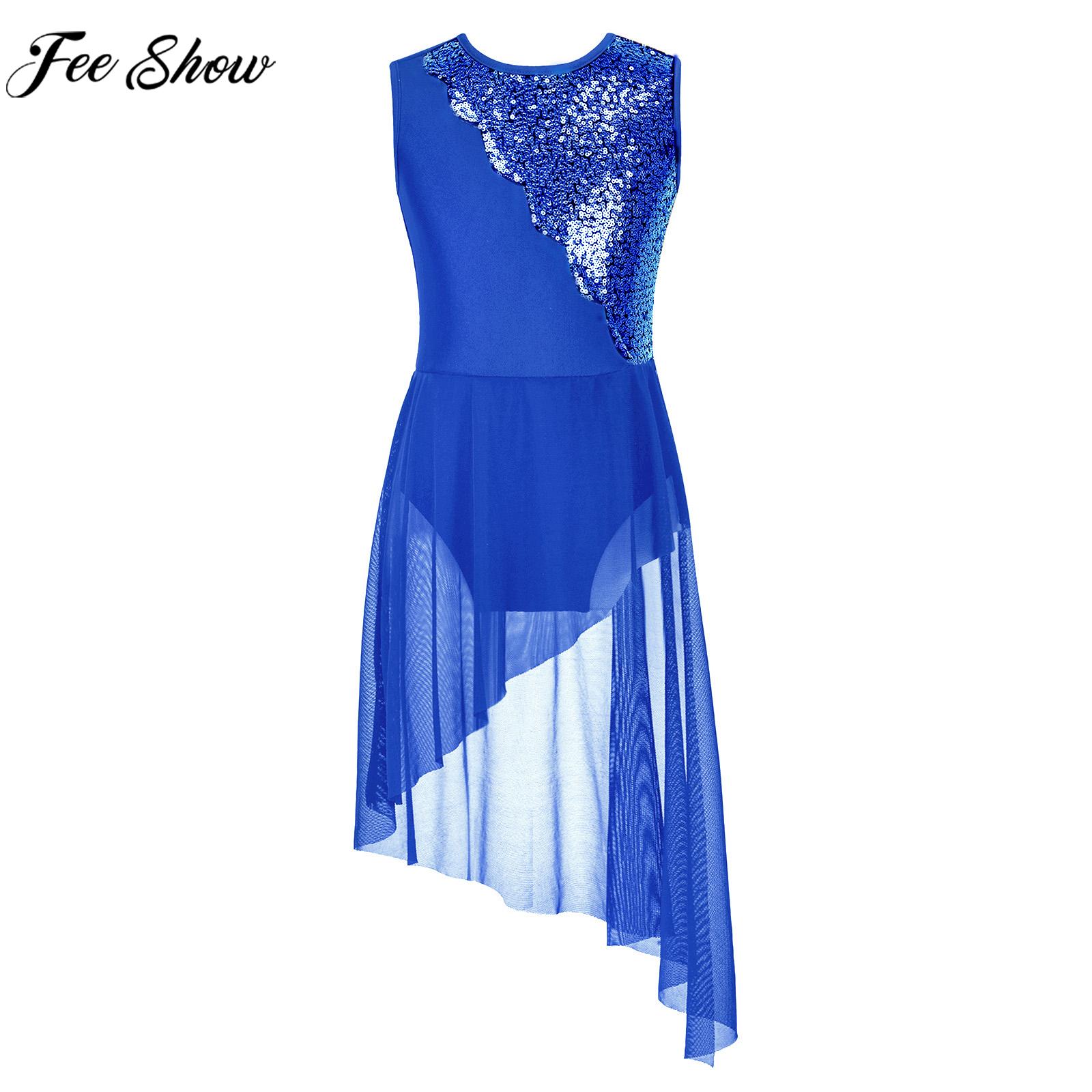 Teens Girls Ballet Figure Skating Gymnastics Leotard Tutu Lyrical Dance Dresses Sleeveless Shiny Sequin Irregular Hem Dancewear