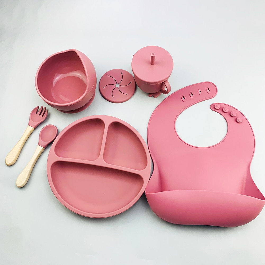 8Pcs Baby Silicone Plate Cup Spoon Set Baby Feeding Sucker Bowl Bib Fork Dishes BPA Free Food Grade Silicone Baby Tableware Set