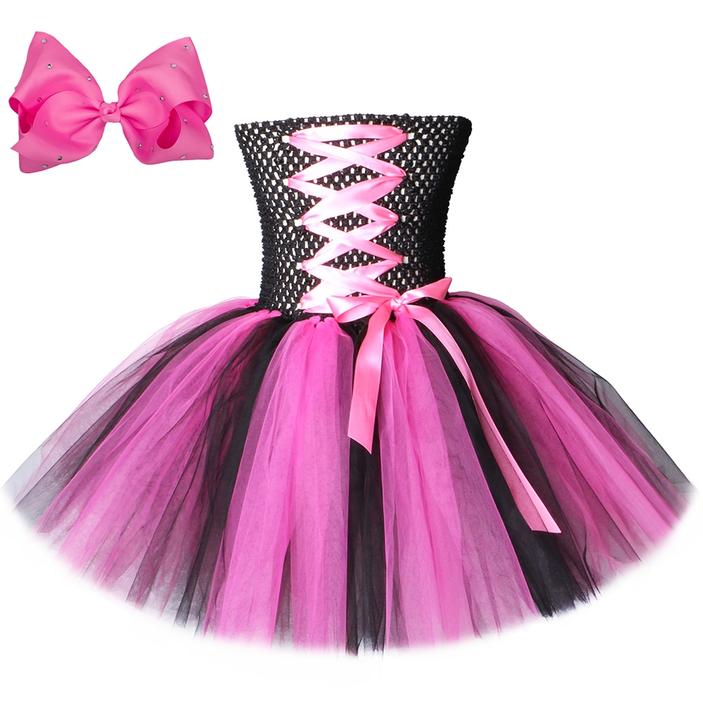 Hot Pink and Black Rock Star Tutu Dress Knee-Length Girls Birthday Party Dresses Tulle Kids Girls Halloween Dress Costumes 1-12Y