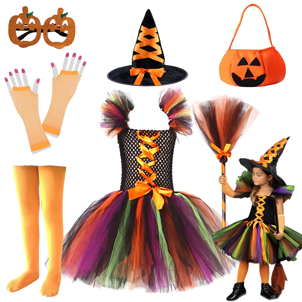 2023 New Halloween Masquerade Children Witch Costume Birthday Carnival Party Girls Tulle Tutu Dress Purple Vampire Bat Dress Up