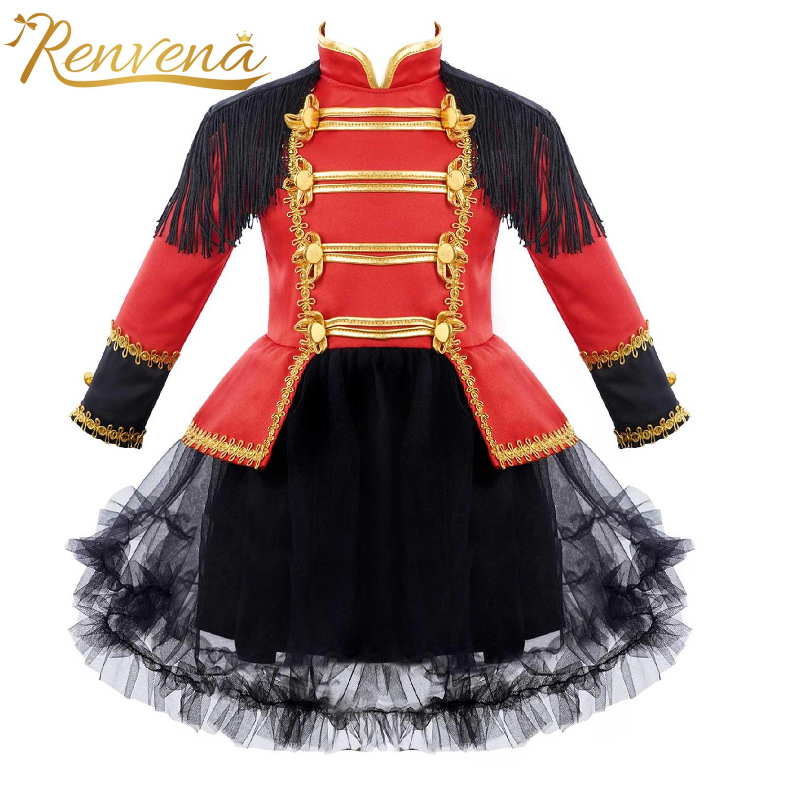 3M-4T Kids Girls Circus Showman Halloween Cosplay Costume Long Sleeve Mesh Tutu Dress for Role Play Party Performance Dress Up