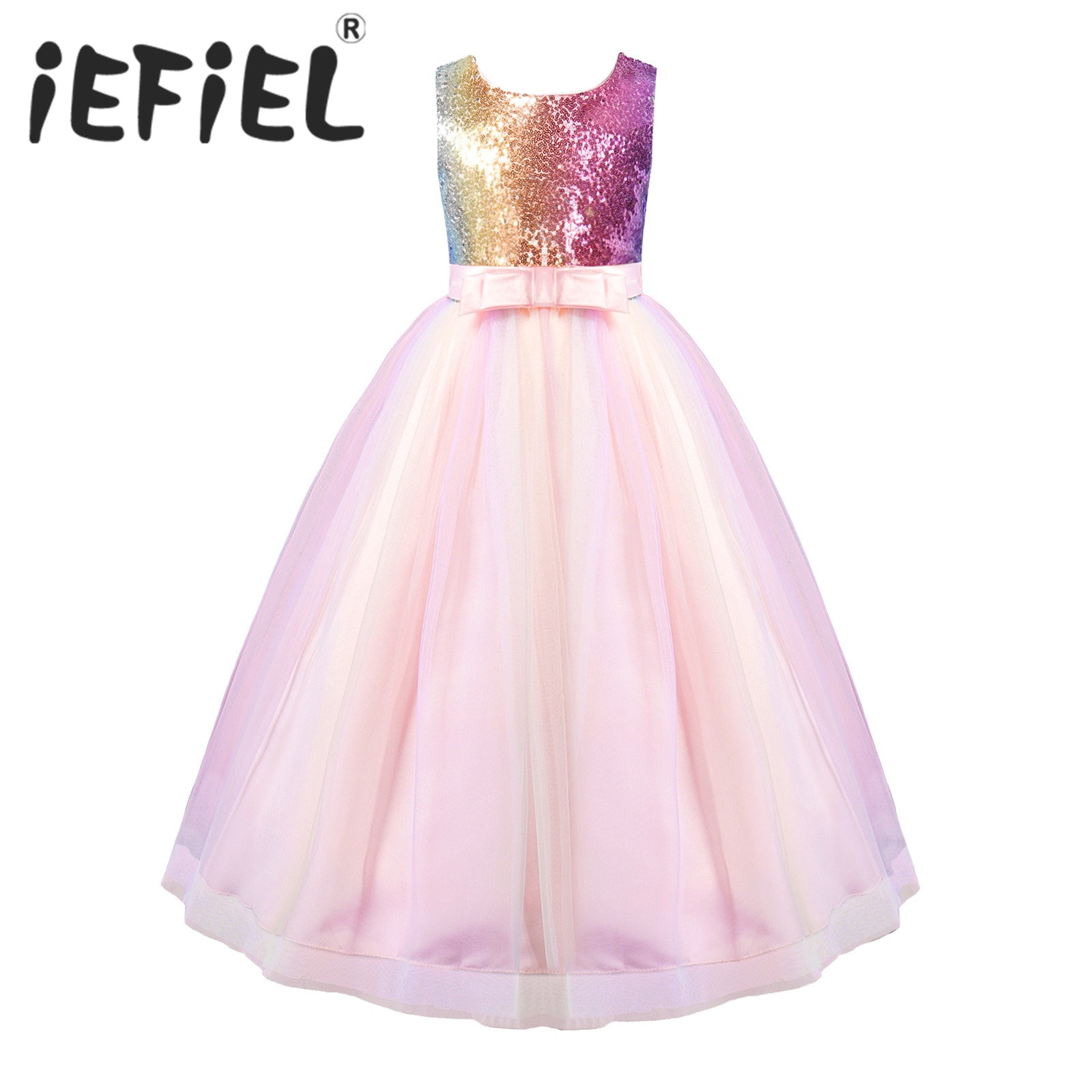 Kids Flower Girls Dress Rainbow Tulle Princess First Communion Formal Dress Round Neck Sleeveless Bowknot Birthday Party Dress