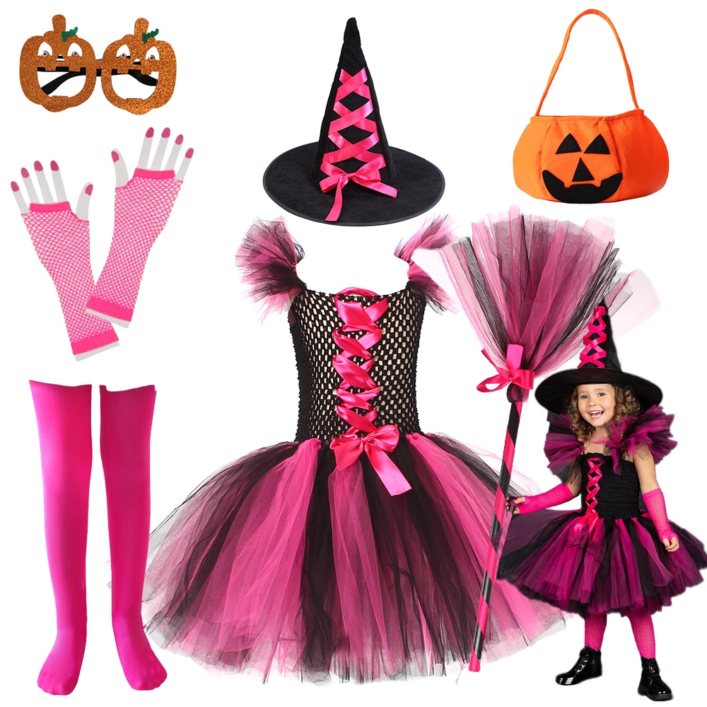 Halloween Child Witch Cosplay Costume Carnival Party Girls Tulle Tutu Dress Colorful Leggings Tulle Broom Vampire Clothing Set