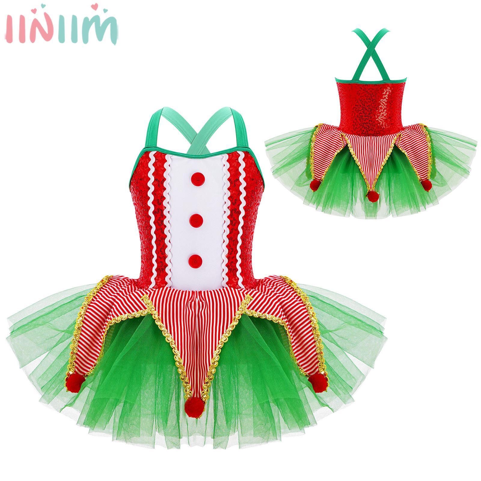 Girls Christmas Party Ballet Dance Dress Sleeveless Sequins Mesh Tutu Dancewear Kids Halloween Carnival Clown Cosplay Costume