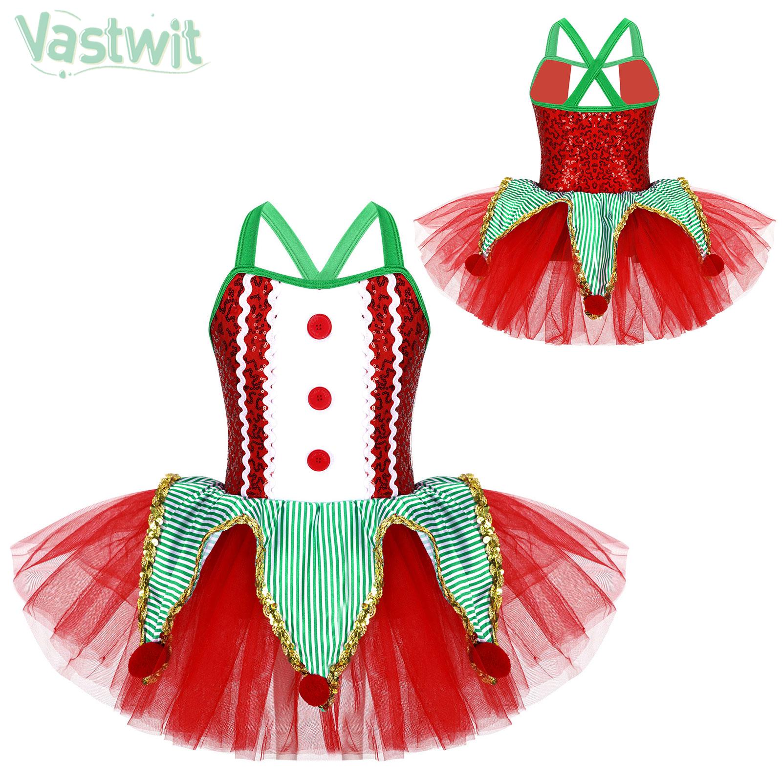 Girls Halloween Christmas Elf Dress Sleeveless Sequin Mesh Tutu Ballet Dance Leotard Dress Carnival Party Clown Cosplay Costume