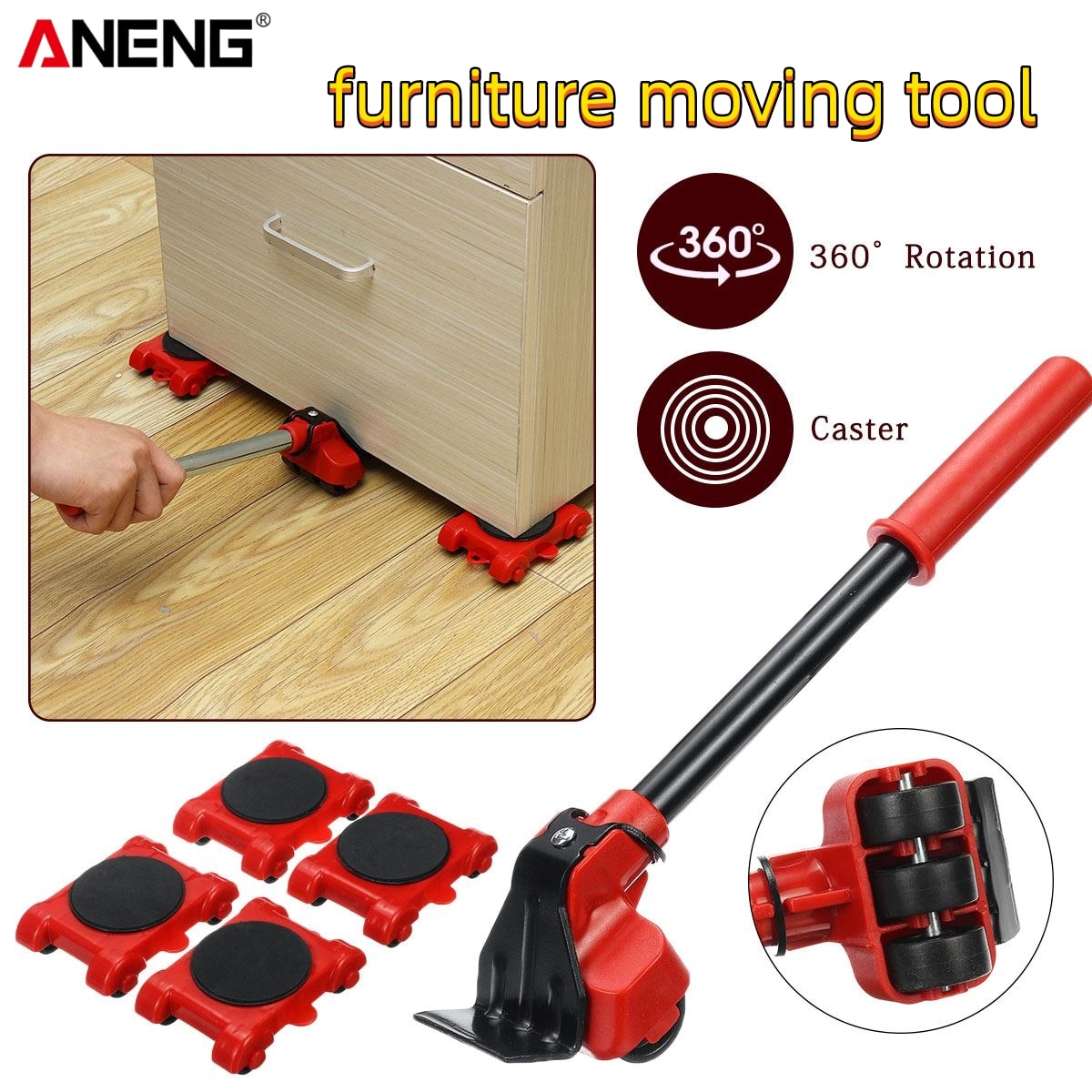 New Heavy Duty Furniture Lifter Transport Tool Furniture Mover set 4 Sliders 1 Wheel Bar for Lifting Moving Furniture Helper