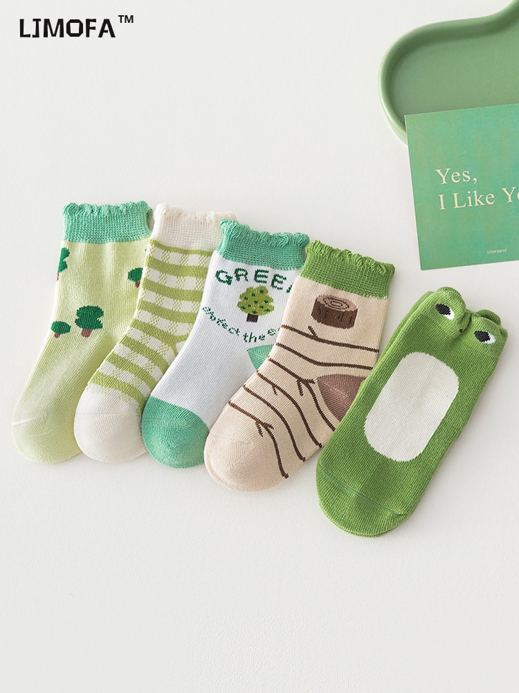LJMOFA 5 Pairs Kids Socks Soft Cotton Socks Cute Cartoon Frog Animal Print Sock Toddler Baby Casual Girls Boys Socks 1-12Y C153