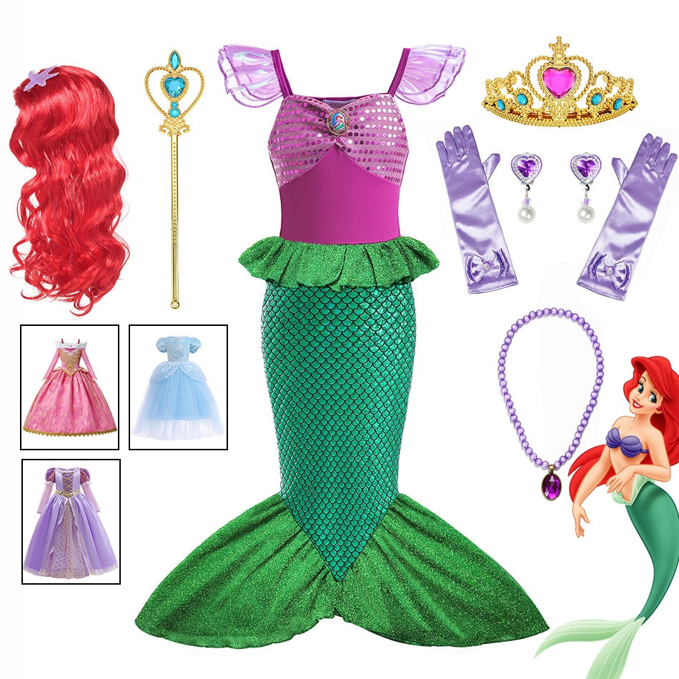 Little Mermaid Costume Girls Princess Party Dress Deluxe Aurora Ball Gown Toddler Pageant Cinderella Cosplay Rapunzel Vestidos