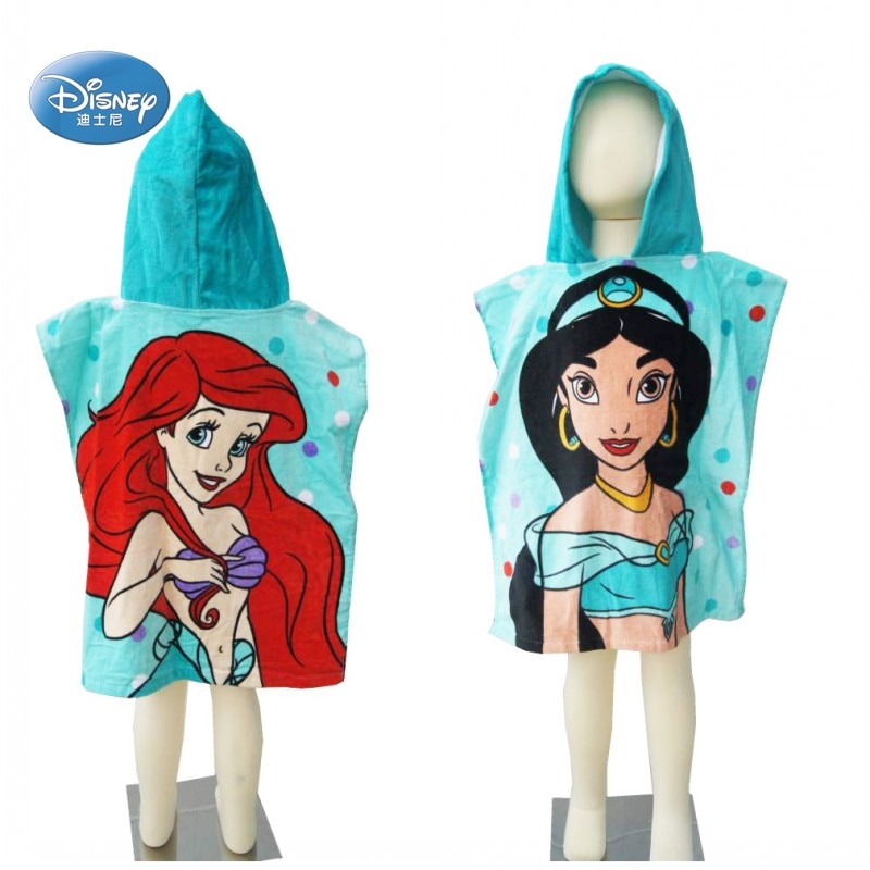 Disney Mermaid Ariel Jasmine Princess Cotton Hooded Bath Towel Poncho Swimming Beach Towel Washcloth for Baby Girls 0-5 Years