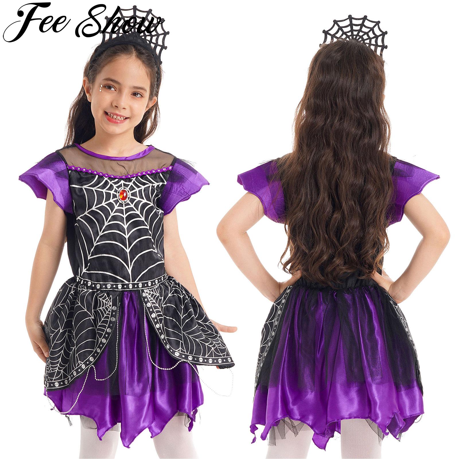 Spider Queen Girl Princess Dress Up Cosplay Dresses Spider Net Print Shiny Dress with Headwear Halloween Carnival Party Costumes
