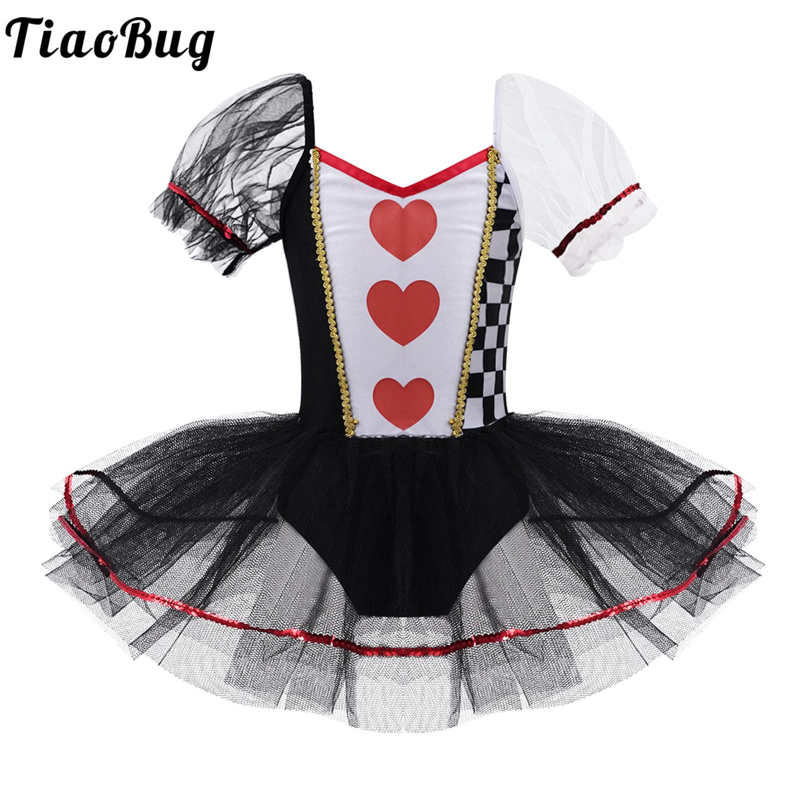 Kids Girls Queen of Heart Costume Short Sleeves Mesh Tutu Dress Children Halloween Cosplay Party Carnival Fancy Dress Up