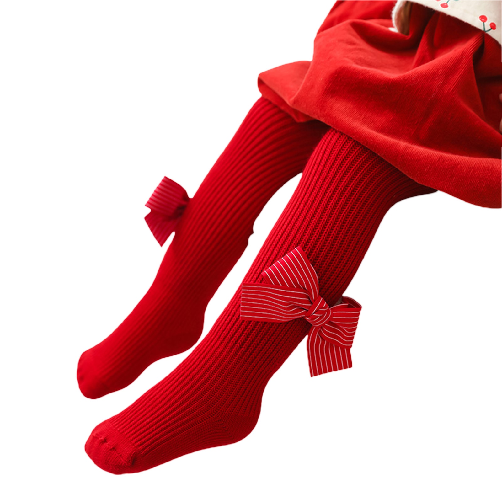 Infant Christmas Ribbed Pantyhose, Girls Stretch Mid-Rise Tights with Bows (Red)