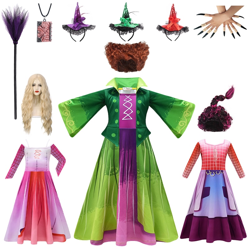 Hocus Pocus 2 Kids Halloween Cosplay Sarah Winifred Mary Witch Costume Masquerade Girls Ghost Vampire Sanderson Sisters Dress