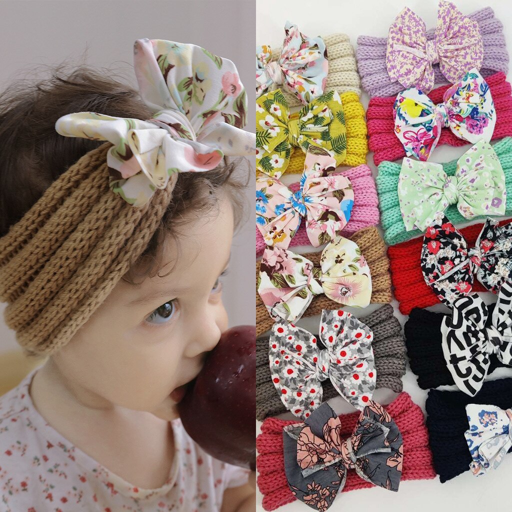 Baby Warm Headbands Hair Accessories Printed Bow Hair Band Baby Autumn and Winter Knitted Headscarf Kids Headwear