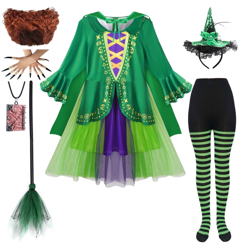Hocus Pocus 2 Sanderson Sisters Costume for Halloween Girls Demon Vampire Masquerade Ghost Puff Sleeve Witch Party Dress + Cloak