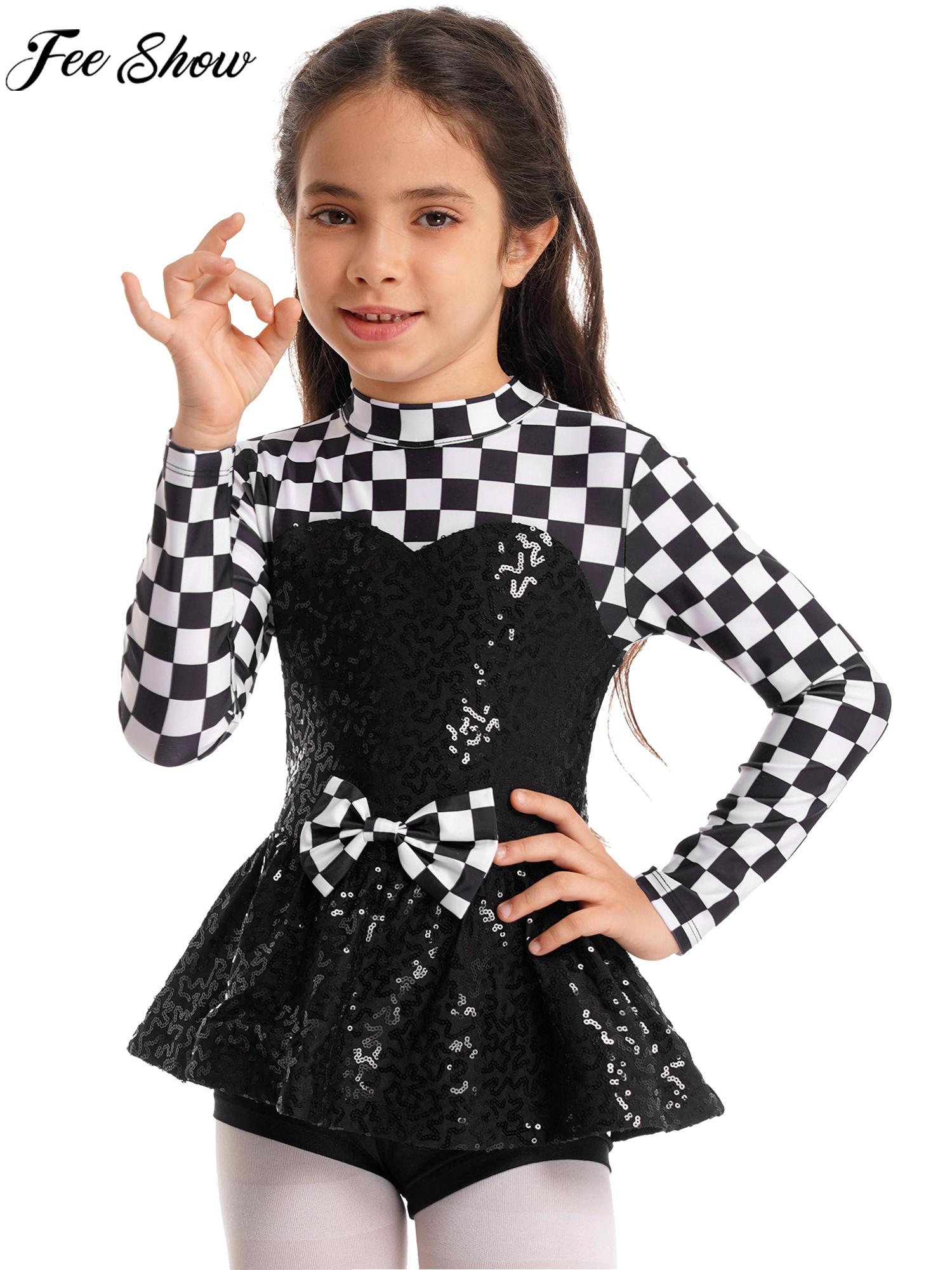 Kids Racer Cosplay Leotard Dress Girls Long Sleeve Sequin Checkerboard Print Bowknot Jumpsuit Tutu for Halloween Theme Party